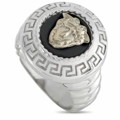 Best Sale 👍 Versace 18K White Gold Onyx Ring 👏